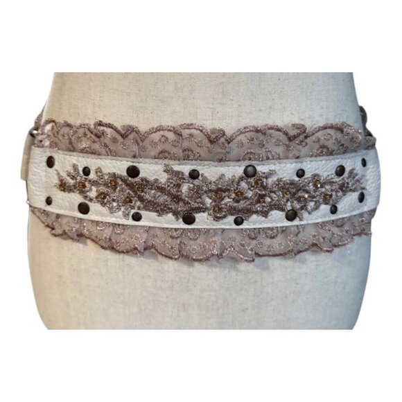 Betsey Johnson Leather Lace Embroidered White Pink Y2K Cottage Core Belt Medium main image 10